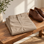 Khaki chinos folded on a bench beside a pair of brown shoes