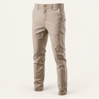 Stretch cotton chino in khaki, front view