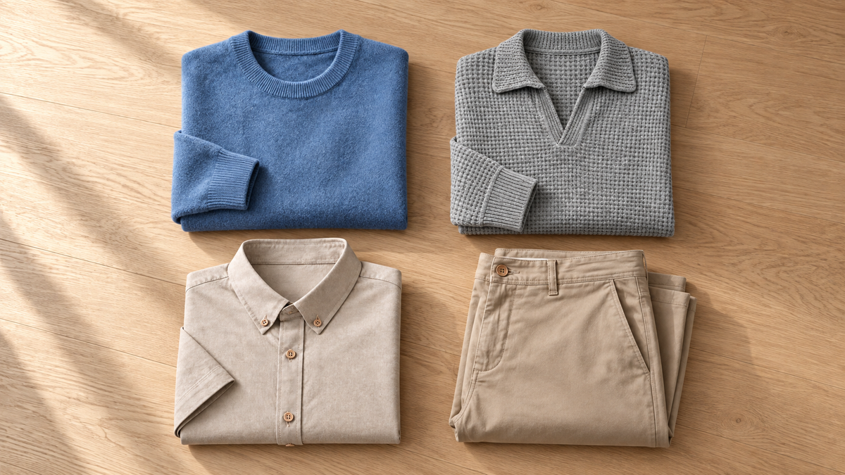 A wool sweater, a knit polo, an oxford shirt and chinos laid out together