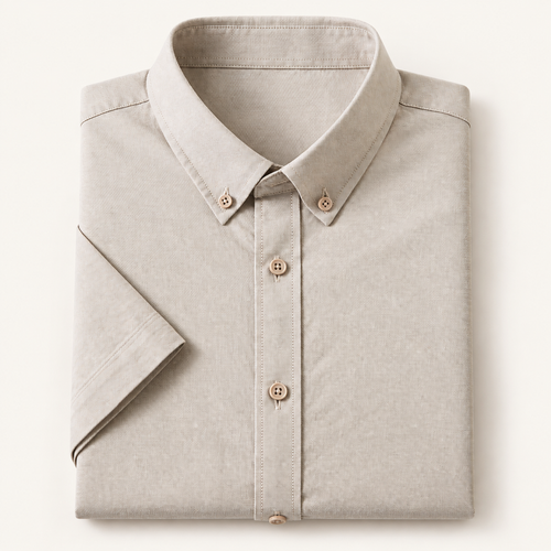 Cotton oxford short sleeve shirt in taupe, folded, front view