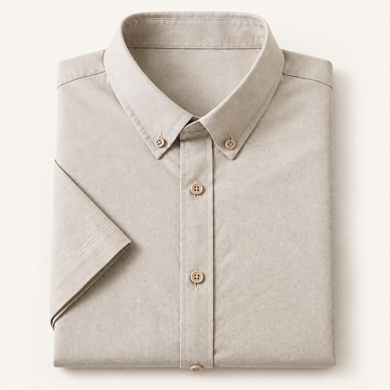 Cotton oxford short sleeve shirt in taupe, folded, front view