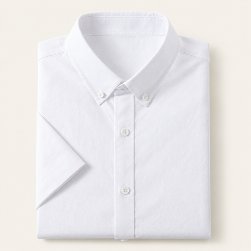 Cotton oxford short sleeve shirt in white, folded, front view