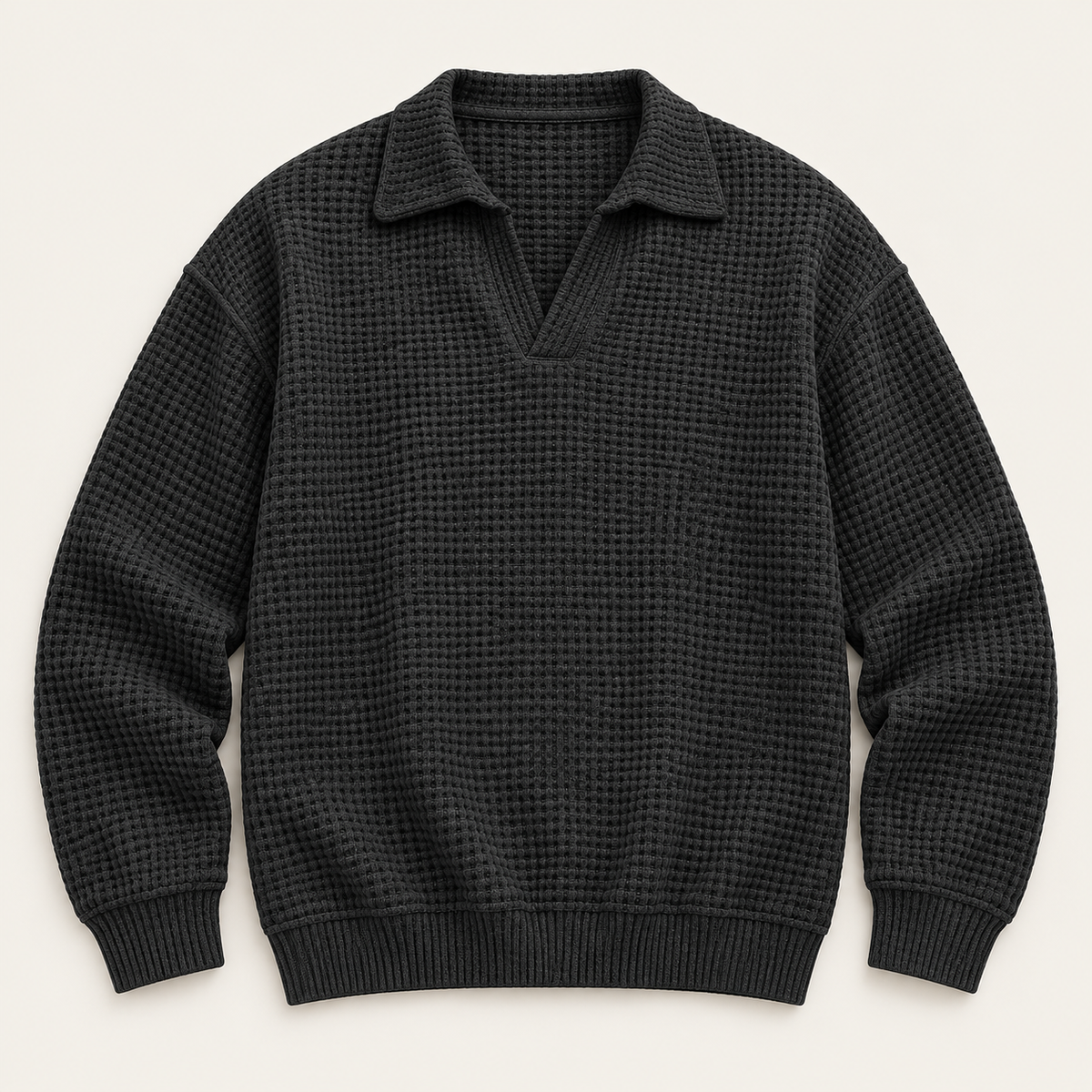 Waffle knit long sleeve polo in black, front view