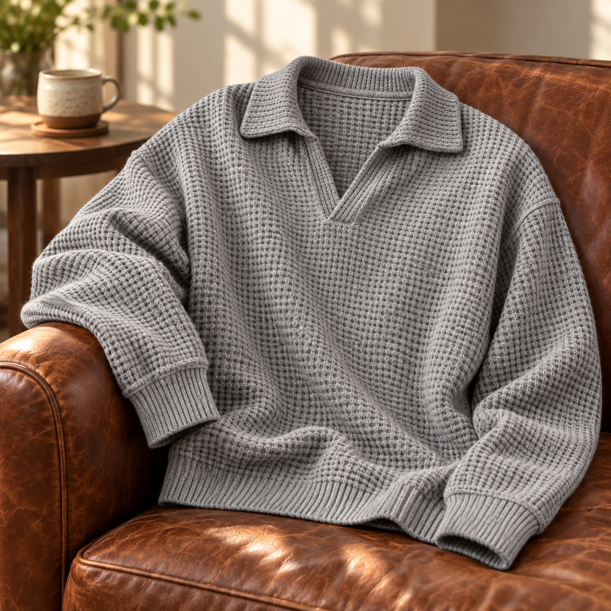 Grey waffle knit polo laid over the arm of a leather chair