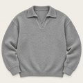 Waffle knit long sleeve polo in grey, front view