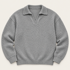 Waffle knit long sleeve polo in grey, front view
