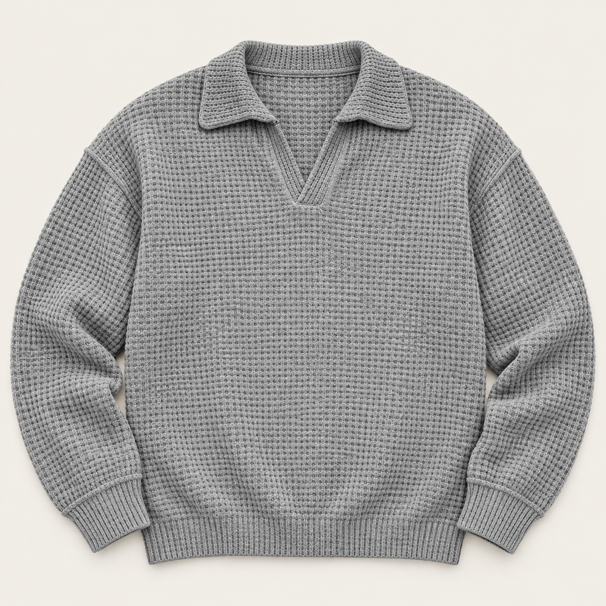 Waffle knit long sleeve polo in grey, front view
