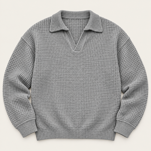 Waffle knit long sleeve polo in grey, front view