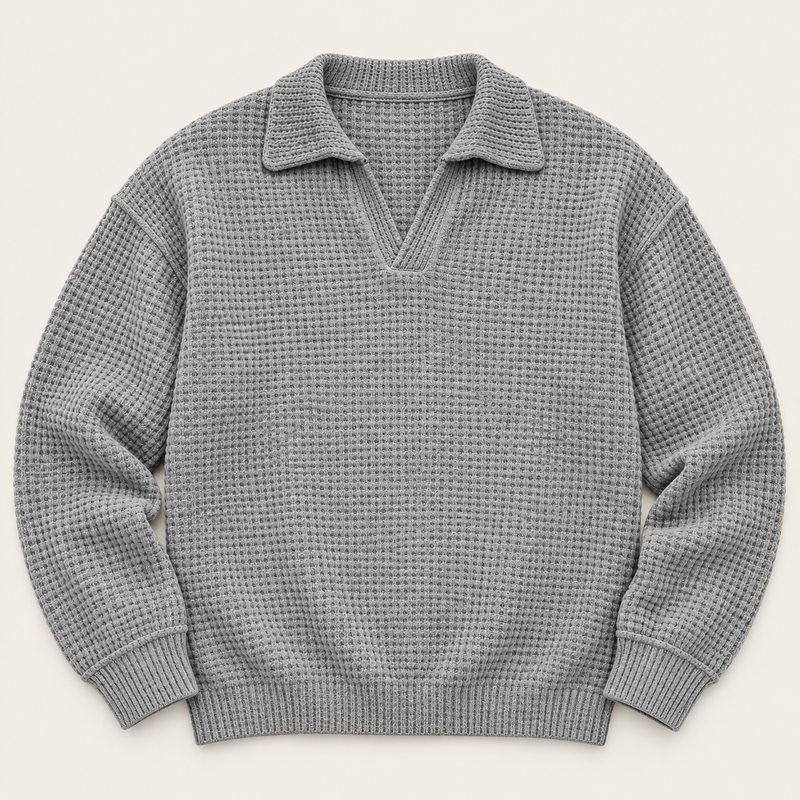 Waffle knit long sleeve polo in grey, front view