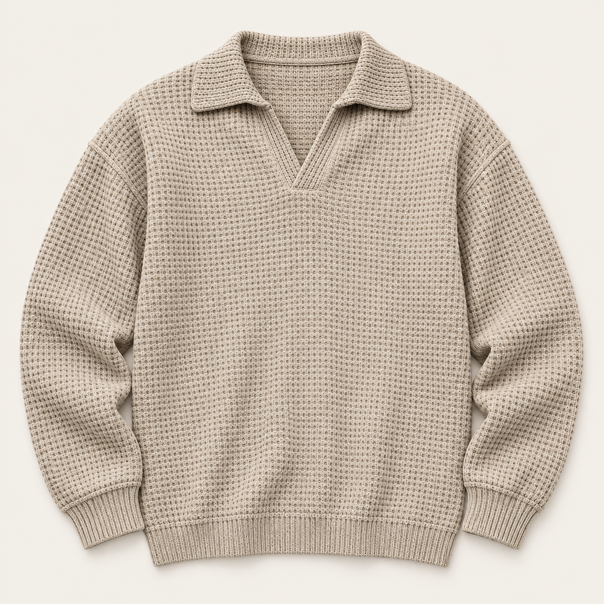 Waffle knit long sleeve polo in khaki, front view