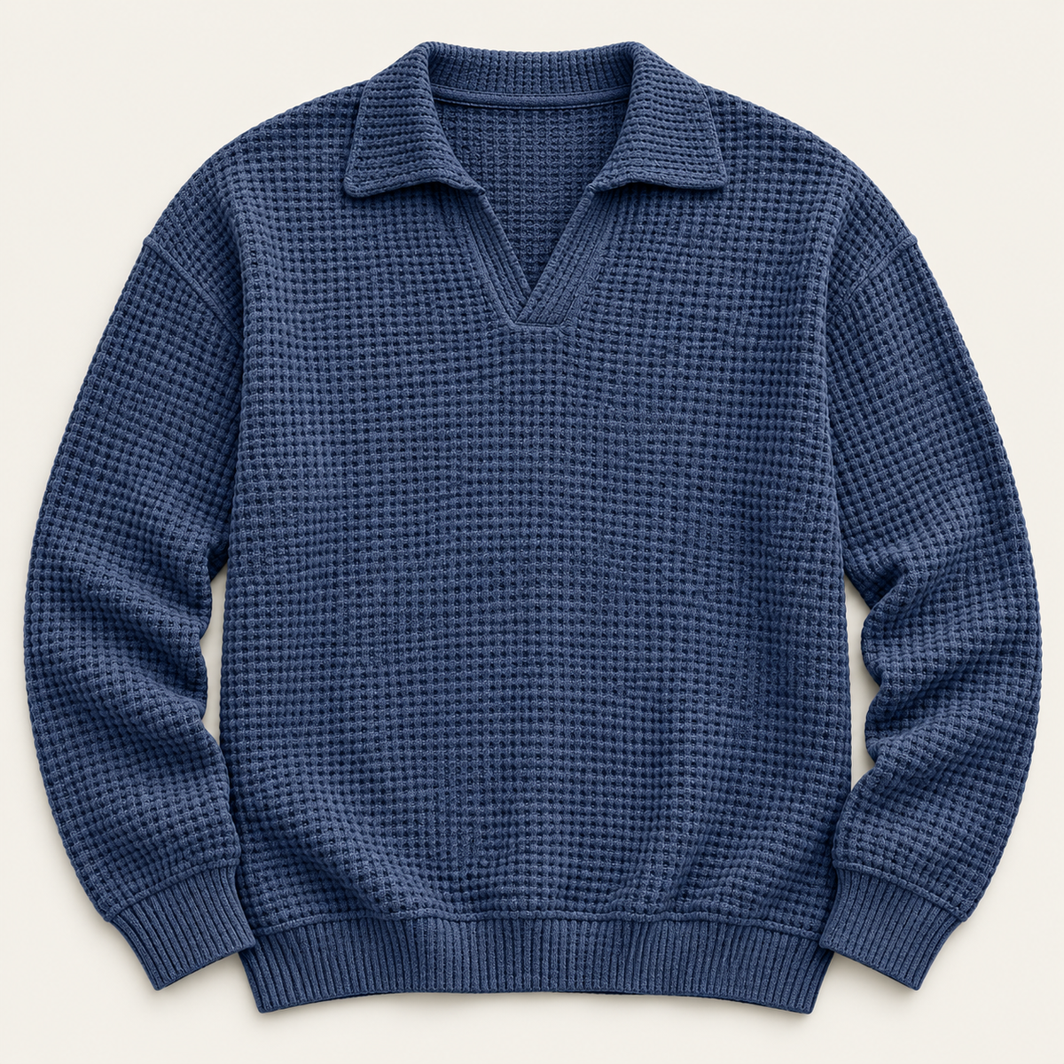 Waffle knit long sleeve polo in navy, front view