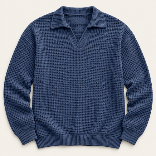 Waffle knit long sleeve polo in navy, front view