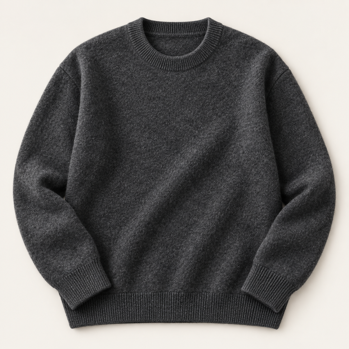 Pure wool crewneck sweater in charcoal, front view