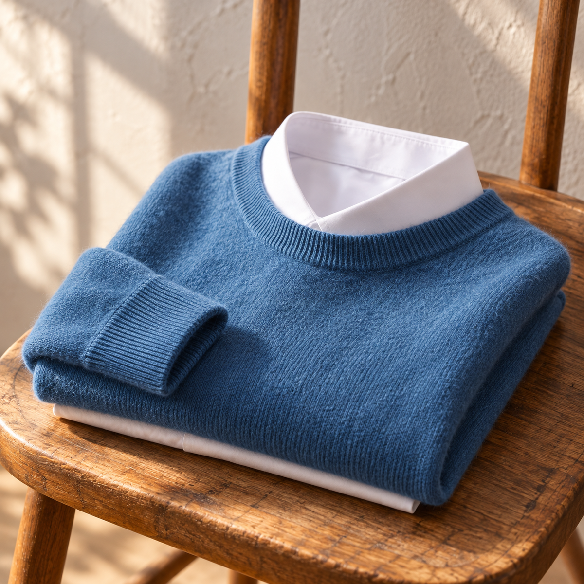 Haze blue wool sweater folded on a wooden chair with a white shirt